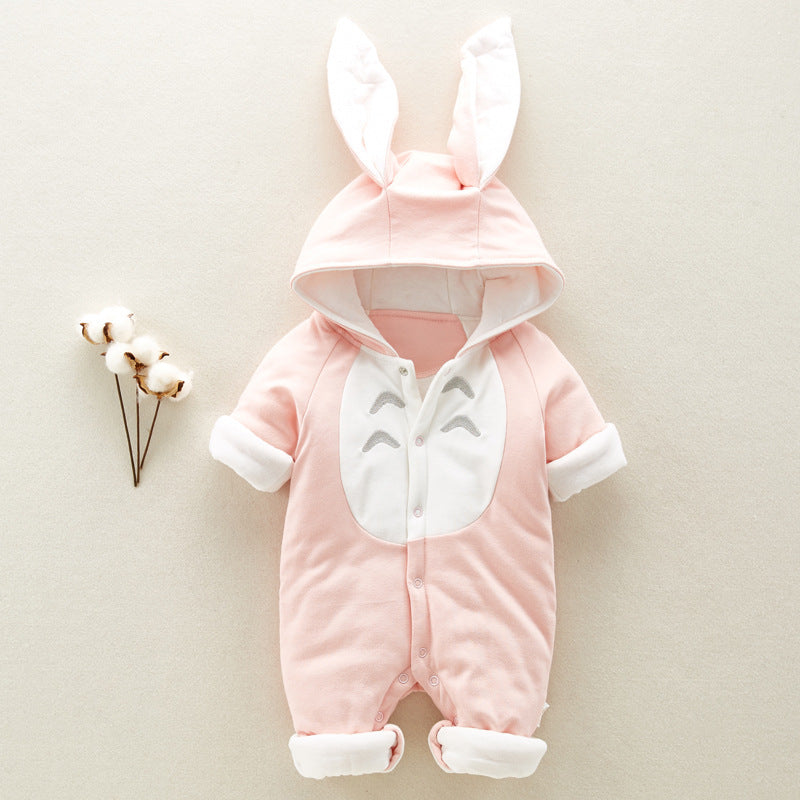 Cotton Baby Romper with Chinchilla Hood – Warm Padded Newborn Winter Onesie
